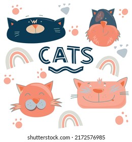Colección de 4 caras de gato con emociones. Ilustración vectorial divertida y linda aislada en fondo blanco para afiches, banner, web, diseño