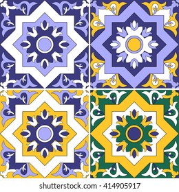 Collection of 4 ceramic tiles. Seamless tiled pattern - Moroccan, Portuguese tiles, azulejo, spanish ornaments. Tile pattern set collection can be used for wallpaper, background, surface textures.