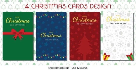 Collection - 4 Christmas Cards Rectangular Design with Merry Christmas and Happy New Year Message. Gift Bow, Twinkle Lights, Starry and Snowflakes.