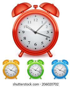 Collection of 4 color alarm clocks.