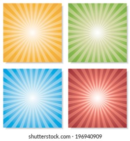 Collection of 4 color burst backgrounds. Vector.