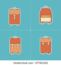 Collection of 4 colorful icons of backpack.Symbols of handmade vintage Bag.Leather goods.Skinner work.Stylish Logo.Linear,retro,hipster,flat style.Template.Old design.Vector illustration.Isolated 