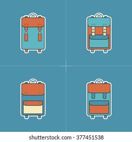 Collection of 4 colorful icons of backpack.Symbols of handmade vintage Bag.Leather goods.Skinner work.Stylish Logo.Linear,retro,hipster,flat style.Template.Old design.Vector illustration.Isolated 