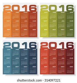 Collection of 4 colors Simple design calendar 2016 year vector design template.12 mounts from January-December 2016