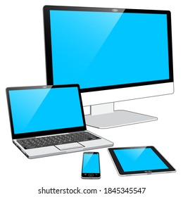 Una colección de 4 dispositivos conectados en "nube": un teléfono inteligente, Tablet PC, PC portátil y una pantalla grande "Todo en uno". Las pantallas azules indican que los dispositivos están encendidos.