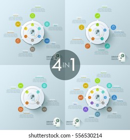 Collection of 4 creative infographic design templates - white central circular element with arrows, letters, pictograms and text boxes. Vector illustration for corporate presentation, report, website.