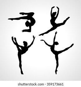 Collection 4 Creative silhouettes of gymnastic girls. Art gymnastics set, black and white vector illustration