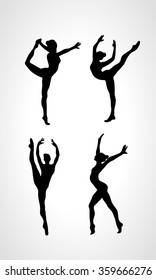 Collection 4 Creative silhouettes of gymnastic girls. Art gymnastics set, black and white vector illustration