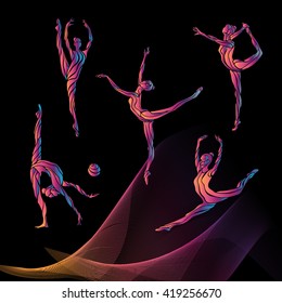 Collection 4 Creative silhouettes of gymnastic girls. Art gymnastics set, neon colors vector illustration