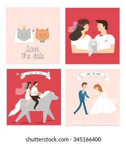 Collection of 4 cute card templates with wedding couple. Vector illustration.