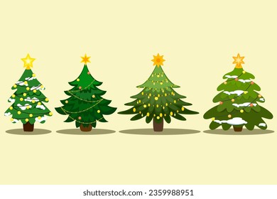 Collection of 4 cute Christmas tree styles. Decorated with chandeliers And there is still snow on the Christmas tree. The top of the tree was decorated with stars.