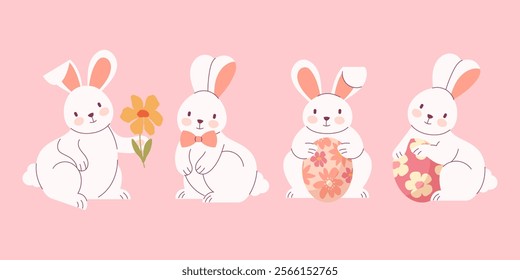 Collection of 4 cute Easter bunnies with Easter eggs. Vector illustration