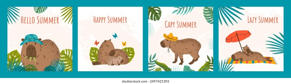 Colección 4 lindas tarjetas de verano con capibaras, hojas tropicales y tipografía. Textura grunge y efectos granulados. Diseño dibujado a mano en estilo de moda. Animales graciosos. Para el cartel, cubierta, fondo