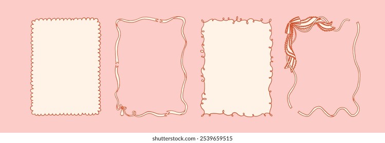 Collection of 4 decorative whimsical frames in girly coquette style on a light pink background. Christmas theme with ribbon bow. Invitation template. A4 card size. Vector hand drawn graphic set