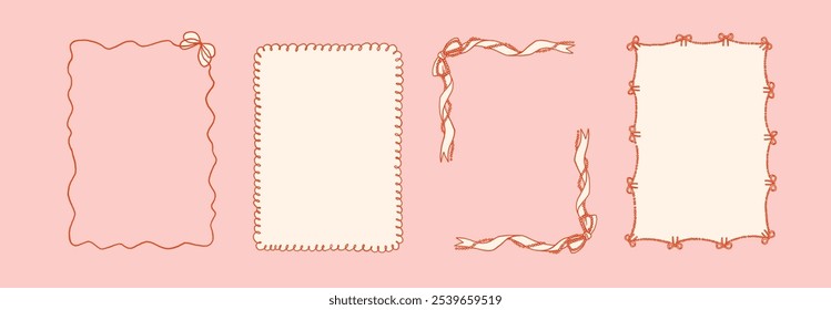 Collection of 4 decorative whimsical frames in girly coquette style on a light pink background. Christmas theme with ribbon bow. Invitation template. A4 card size. Vector hand drawn graphic set