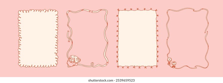 Collection of 4 decorative whimsical frames in girly coquette style on a light pink background. Christmas theme with ribbon bow. Invitation template. A4 card size. Vector hand drawn graphic set