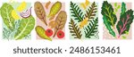 A collection of 4 delicious and fresh mixed salad recipes. Vector, hand drawn illustrations.