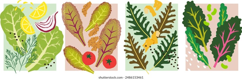 Una colección de 4 deliciosas y frescas recetas de ensaladas mixtas. Vector, ilustraciones hechas a mano.