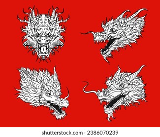 Collection of 4 detailed realistic ink dragon heads in asian style for 2024 Lunar new year. Sketch or tattoo with Chinese mythology creature on red background.