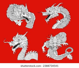 Collection of 4 detailed realistic ink emperor dragons in asian style for 2024 Lunar new year. Sketch or tattoo with Chinese mythology creature on red background.