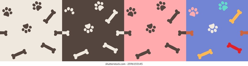 Collection of 4 Different Color Bone and Paw Footprint Seamless Pattern Backgrounds