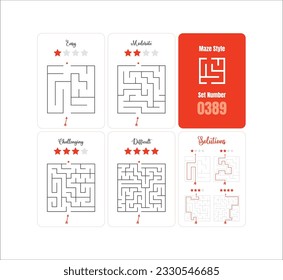 Collection of 4 Diverse Labyrinth Games for Children - From Simple to Complex Challenges with Solutions - Ready-to-Print Vector Set 0389