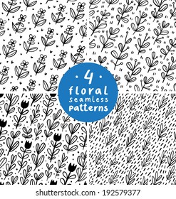 Collection of 4 doodle floral seamless patterns
