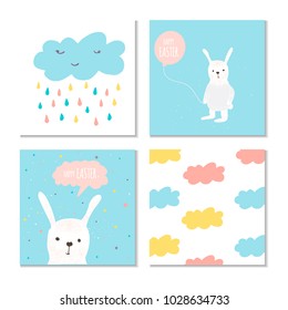 Collection of 4 Easter card, banner background, template with beautiful spring flowers, leaves, hearts, dots and rabbit, bunny. Modern postcard or invitation for holliday