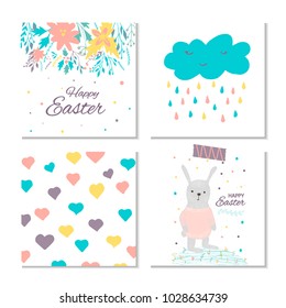 Collection of 4 Easter card, banner background, template with beautiful spring flowers, leaves, hearts, dots and rabbit, bunny. Modern postcard or invitation for holliday