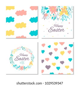 Collection of 4 Easter card, banner background, template with beautiful spring flowers, leaves, hearts, dots and rabbit, bunny. Modern postcard or invitation for holliday