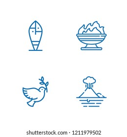 Collection of 4 emblem outline icons include icons such as dove, surfboard, volcano