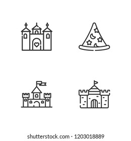 Collection of 4 fairytale outline icons include icons such as wizard