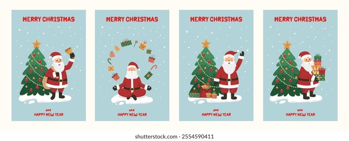 Collection 4 festive Christmas cards on blue background. Flat vector illustration with cute Santa in different poses, decorated fir, gift box and typography. For poster, invitation, cover, backdrop