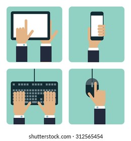 collection of 4 flat hand with communication concept. using tablet, using smart phone, using keyboard, click mouse.