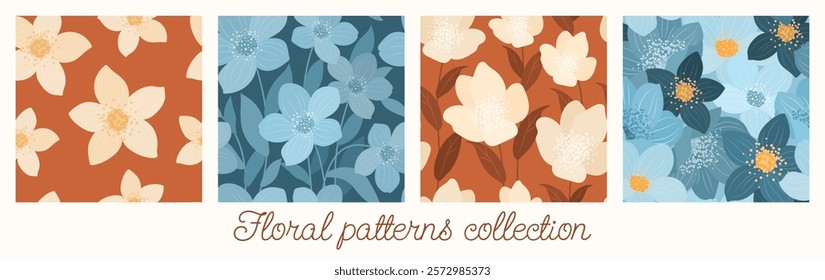 Collection of 4 floral seamless patterns. Nature boho prints with various flowers. Isolated vector tiles for textiles, fabric, Women's Day, Mother's Day, Easter, and spring designs. Swatches included.