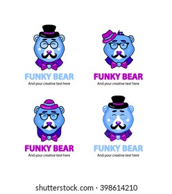 Collection of 4 funky bear hipster logos, flat modern style illustration, vintage retro stylized funny cute cartoon bears in glasses, hats and with mustache, blue version