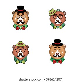 Collection of 4 funky bear hipsters, flat modern style illustration, vintage retro stylized funny cute cartoon bears in glasses, hats and with mustache