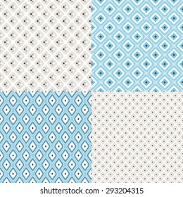 Collection of 4 geometric colorful seamless pattern background. Great for web page backgrounds, wallpapers, interiors, 
home decor, apparel, etc.