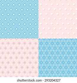 Collection of 4 geometric colorful seamless pattern background. Great for web page backgrounds, wallpapers, interiors, 
home decor, apparel, etc.