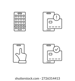 Colección de 4 íconos de cuadrícula, alerta y línea de verificación.