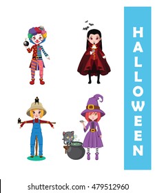 Collection of 4 Halloween characters - Evil Clown, Vampire, Scarecrow, Witch