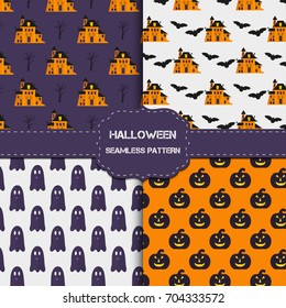Collection of 4 halloween patterns with endless texture. Vector background can be used for wallpaper, fills, web page,surface, scrapbook,  holiday card, invitation and party design.