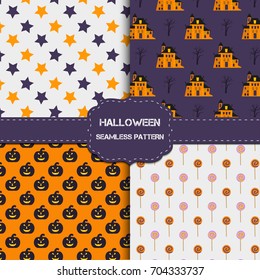 Collection of 4 halloween patterns with endless texture. Vector background can be used for wallpaper, fills, web page,surface, scrapbook,  holiday card, invitation and party design.