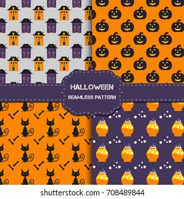 Collection of 4 halloween patterns with endless texture. Vector background can be used for wallpaper, fills, web page,surface, scrapbook,  holiday card, invitation and party design.