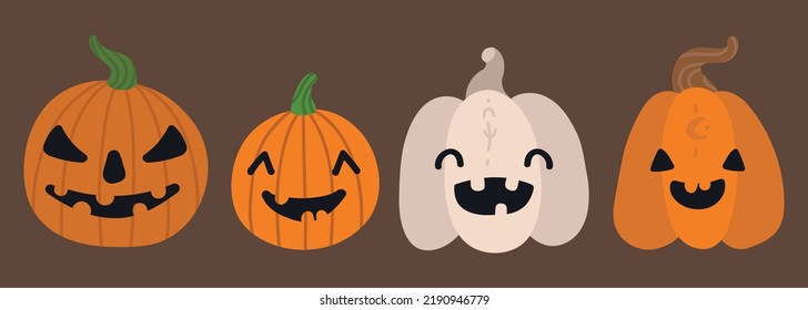Collection of 4 hand drawn vector Jack-o'-lanterns. Pumpkins with angry, happy, smiling and cute joyfull faces. Isolated Pumpkins on a Brown background. Orange and Beige pumpking with magic signs