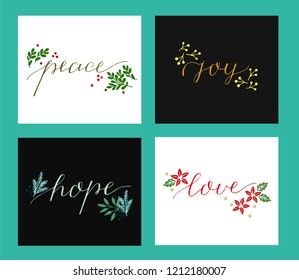 Collection with 4 Holiday cards made hand lettering Love, hope, peace, joy. Biblical background. Christian poster. Modern calligraphy Christmas greetings