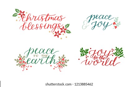 Colección con 4 tarjetas de Navidad hechas con letras a mano bendiciones de Navidad Paz a la tierra. Alegría al mundo. Fondo bíblico. Afiche cristiano. Saludos modernos de caligrafía