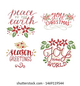 Collection with 4 Holiday cards made hand lettering Biblical background. Christian poster. Modern calligraphy Greetings season