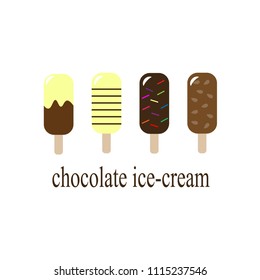 Collection of 4 ice cream  eskimo pie with white dark and milk varieties of chocolate. Vector illustrations isolated on white. 