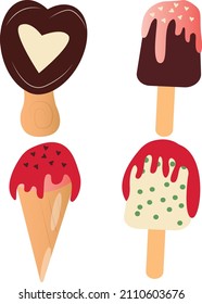 Collection of 4 ice cream vector illustrations isolated on white set